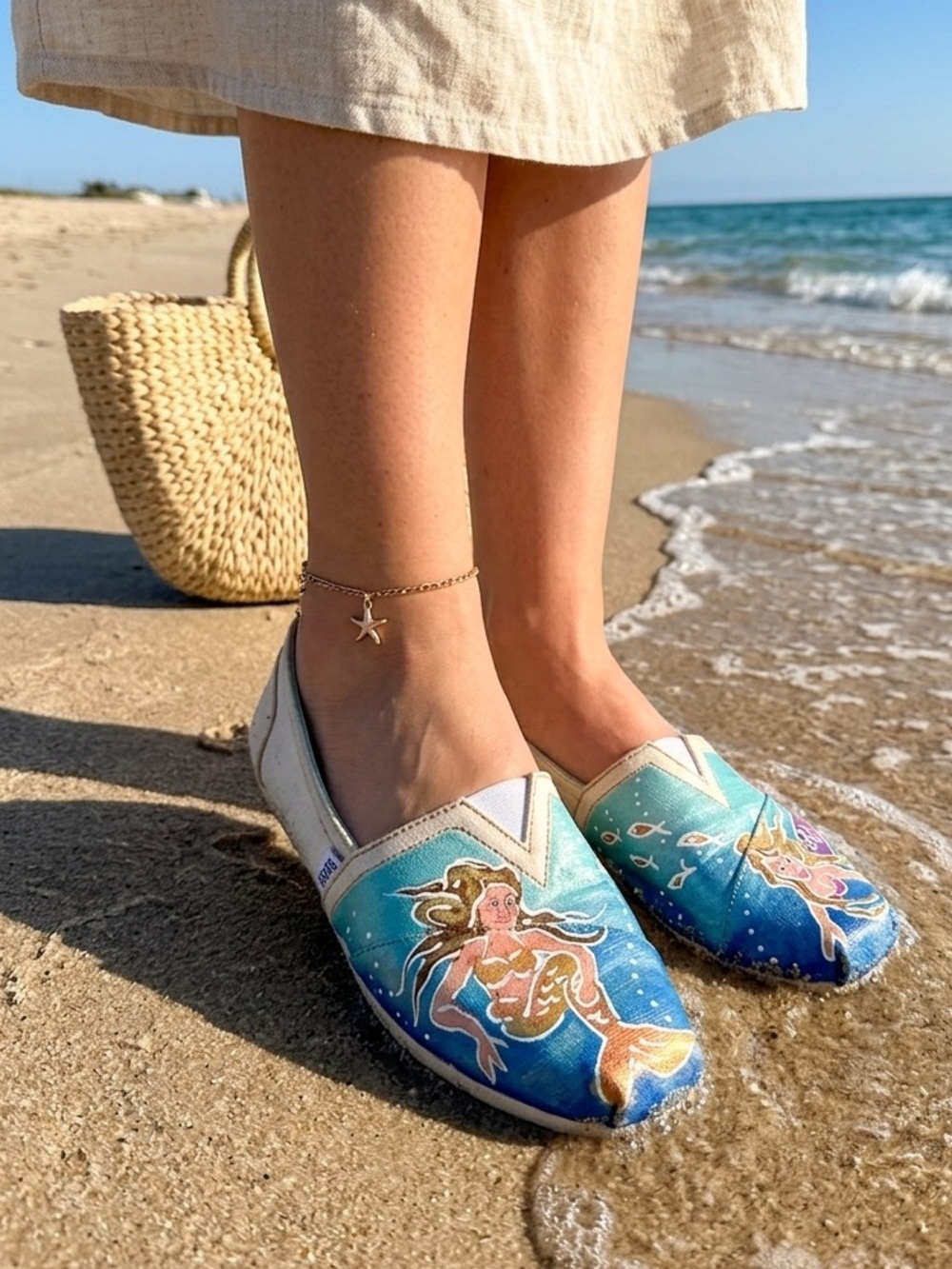 BOBS by Skechers custom painted Mermaid Slip-On shoes Teal/Blue 6 summer slide